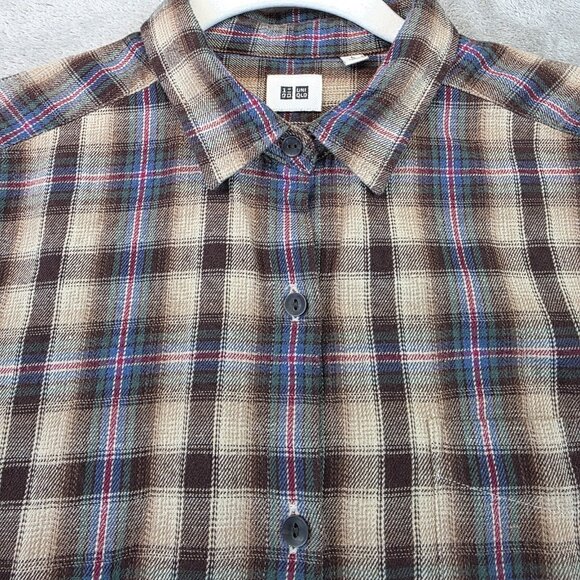 Uniqlo Shirt Womens Large Brown Beige Plaid Button Down Long Sleeve 100% Cotton - Picture 4 of 13